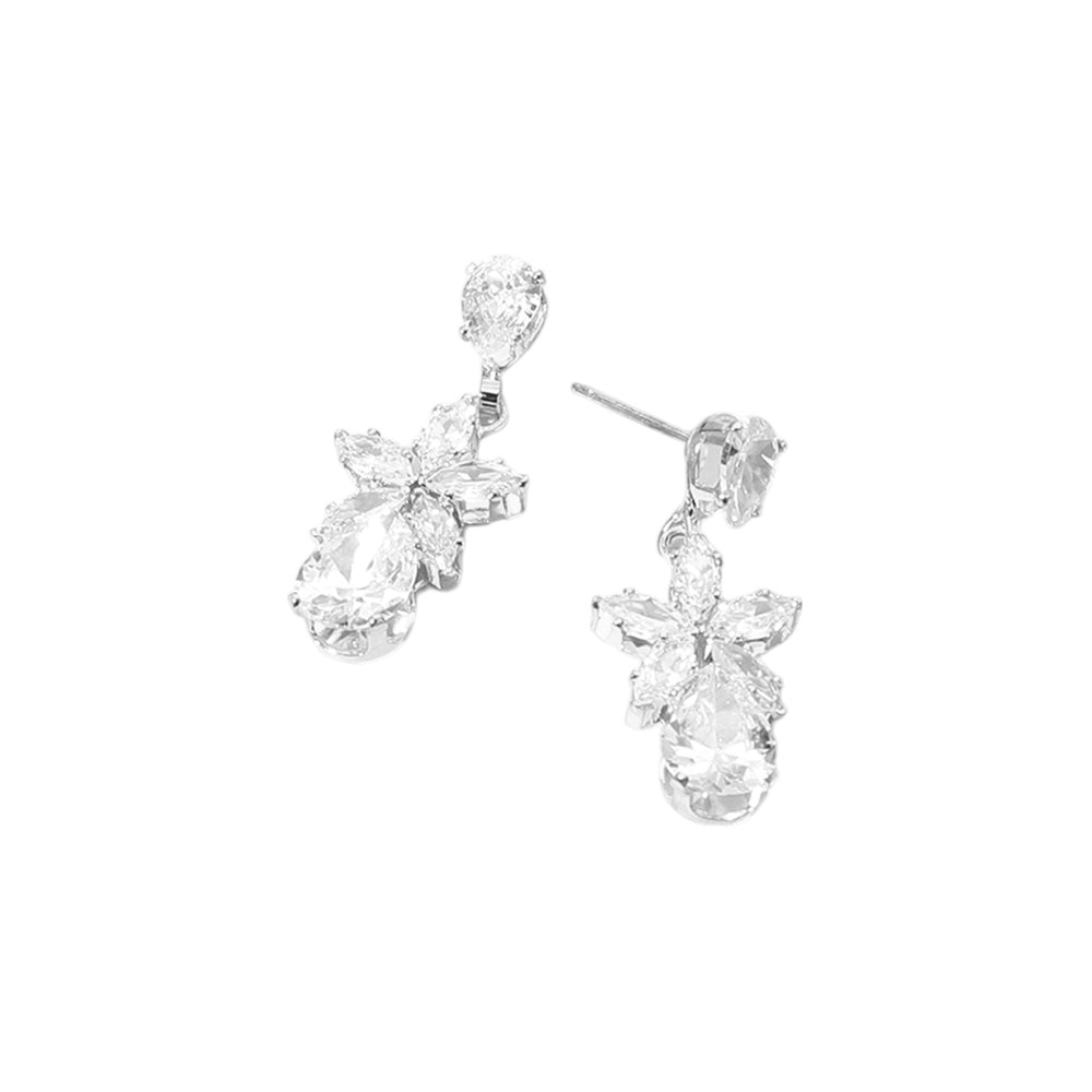 Madeline Love Clear, Silver Flower Teardrop CZ Stone Cluster Dangle Evening Earrings - desc