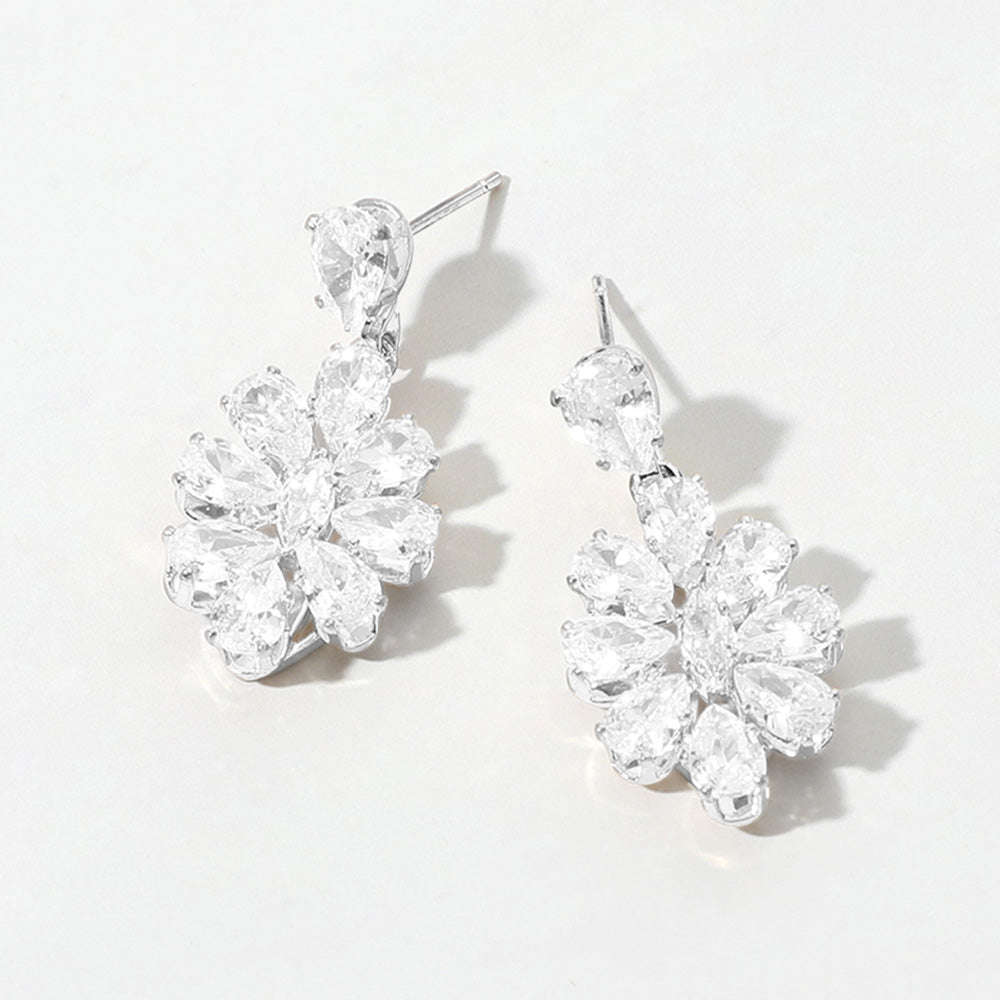 Madeline Love Clear, Silver Flower CZ Stone Cluster Dangle Evening Earrings