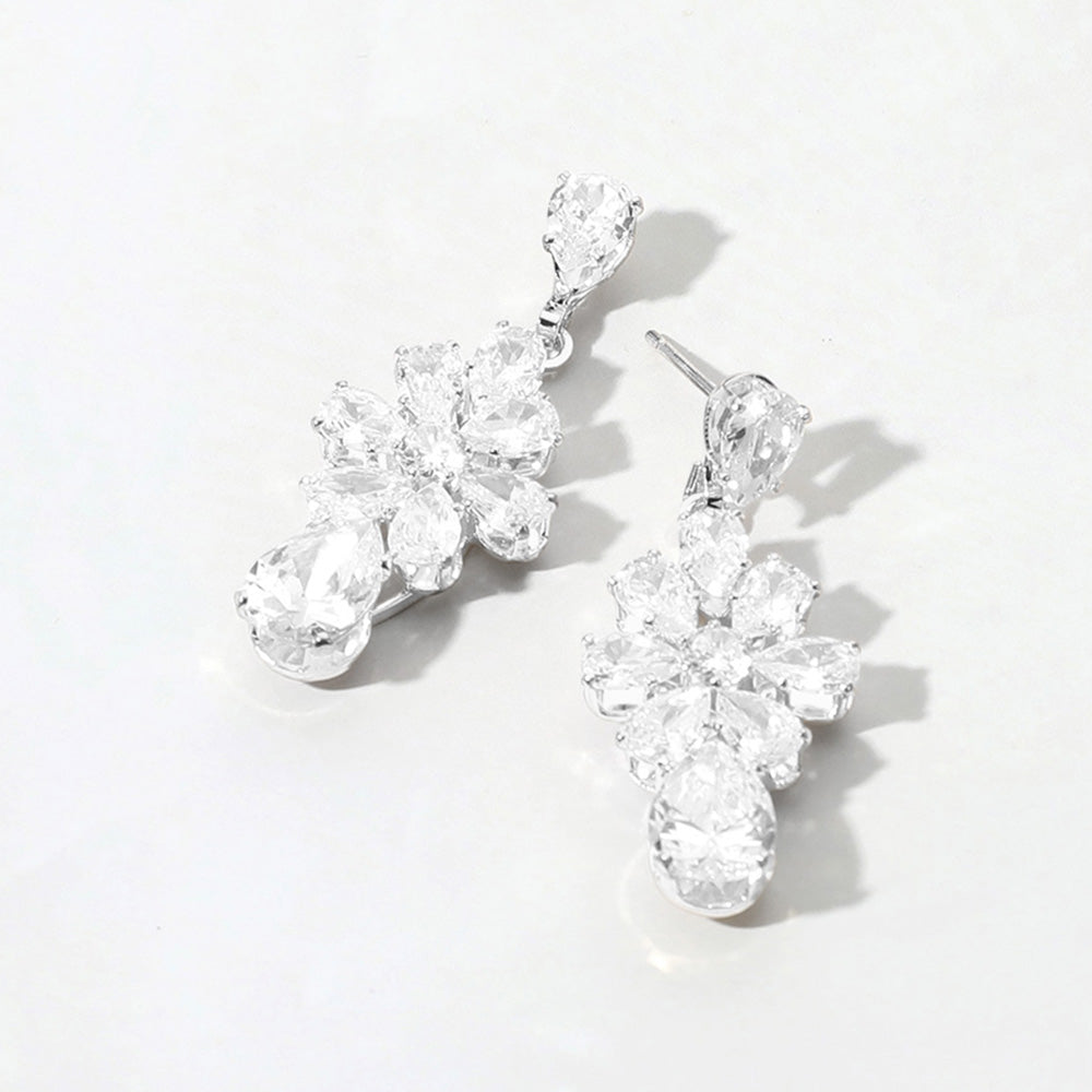 Madeline Love Clear, Silver Flower CZ Stone Cluster Teardrop Dangle Evening Earrings