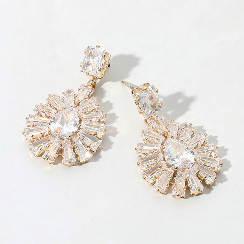 Madeline Love Clear, Gold Baguette Stone Rim Teardrop CZ Stone Cluster Dangle Evening Earrings