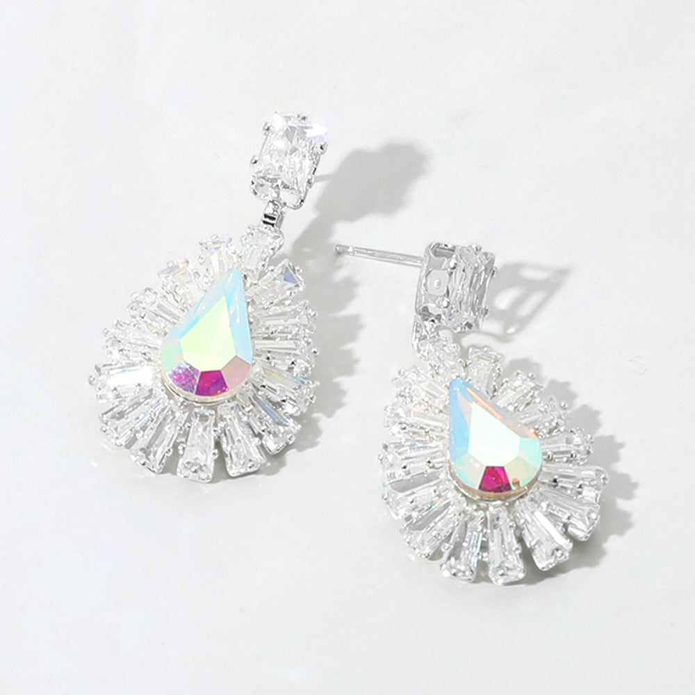 Madeline Love AB, Silver Baguette Stone Rim Teardrop CZ Stone Cluster Dangle Evening Earrings