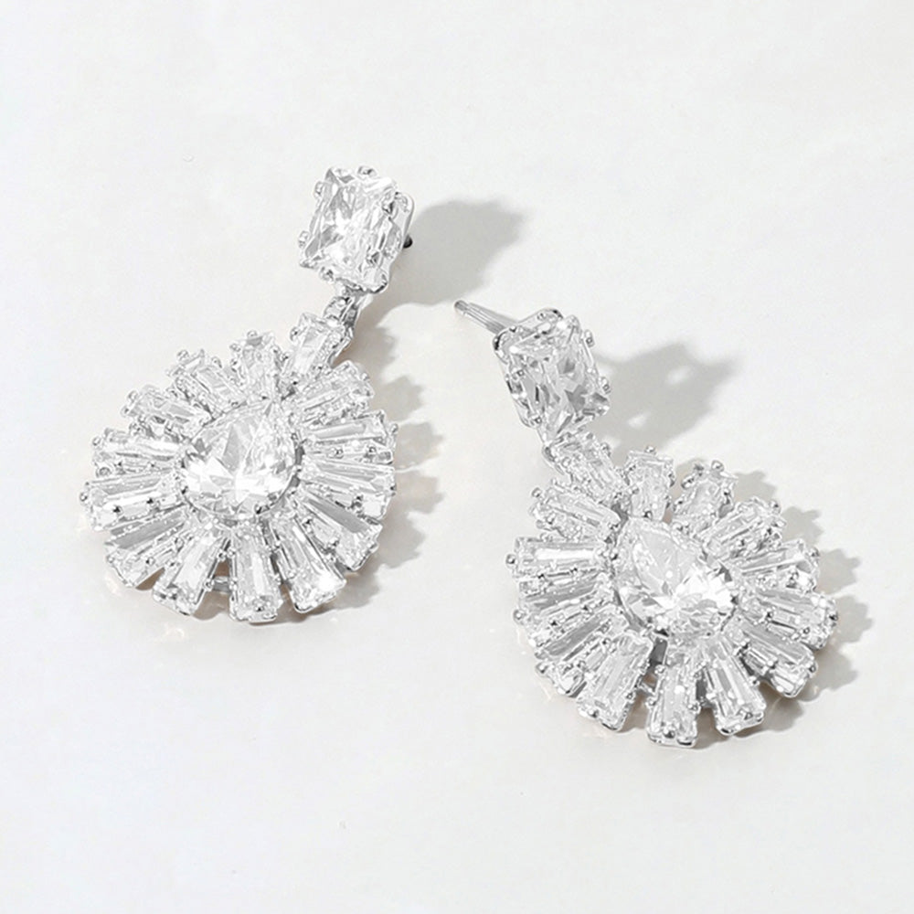 Madeline Love Clear, Silver Baguette Stone Rim Teardrop CZ Stone Cluster Dangle Evening Earrings