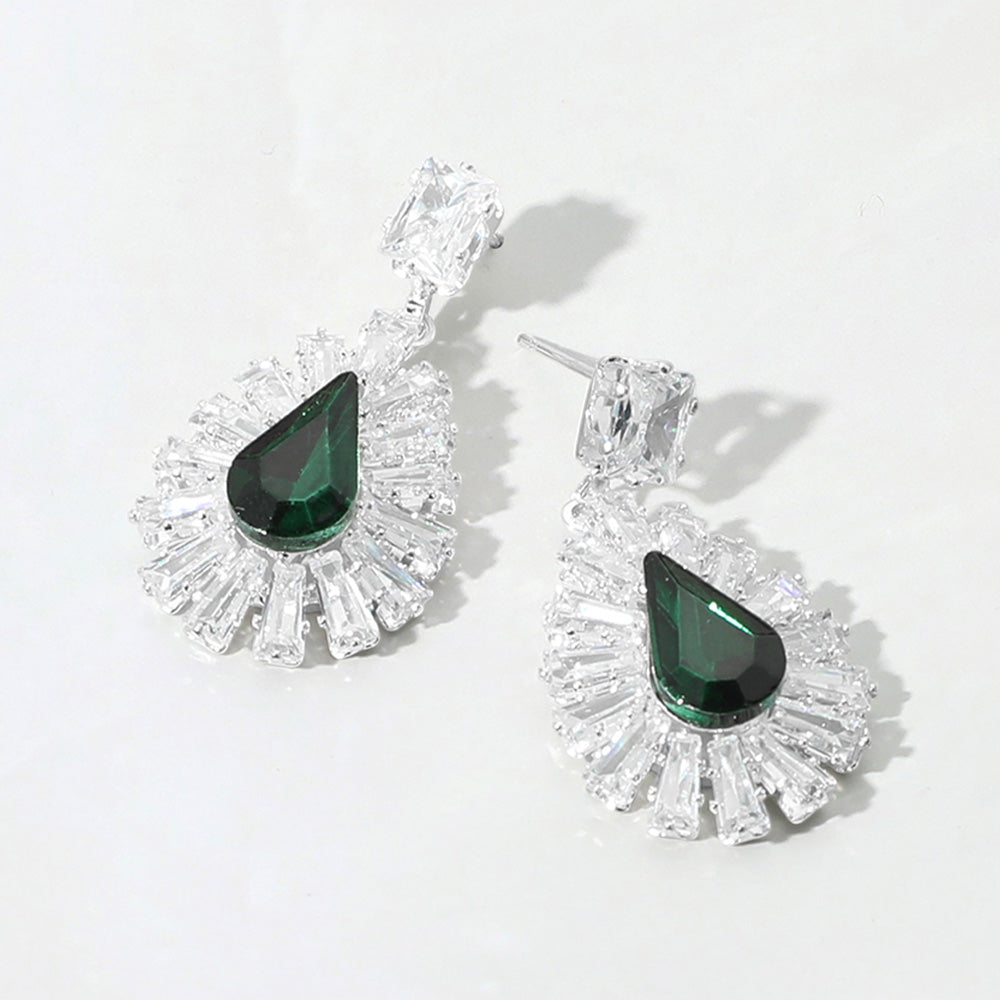 Madeline Love Emerald, Silver Baguette Stone Rim Teardrop CZ Stone Cluster Dangle Evening Earrings