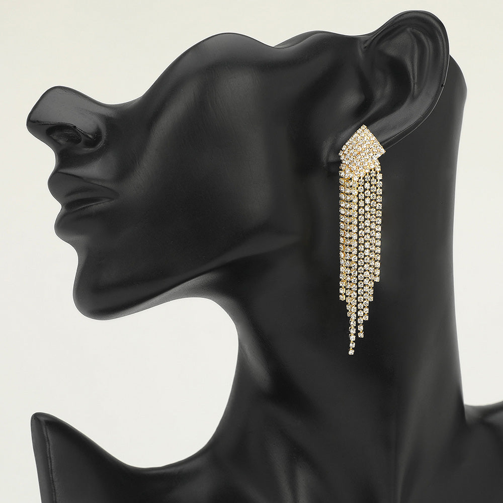 Madeline Love Clear, Gold Long Rhinestone Fringe Tassel Evening Earrings