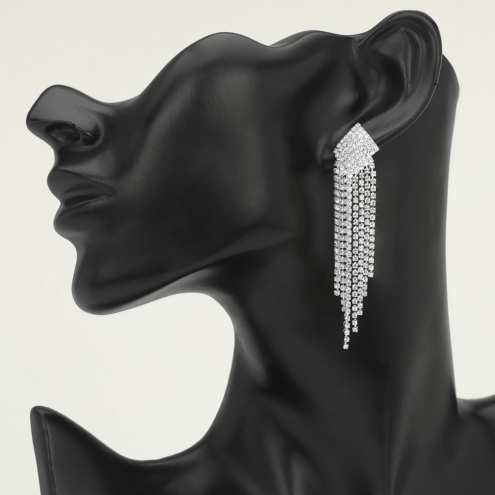Madeline Love Clear, Silver Long Rhinestone Fringe Tassel Evening Earrings