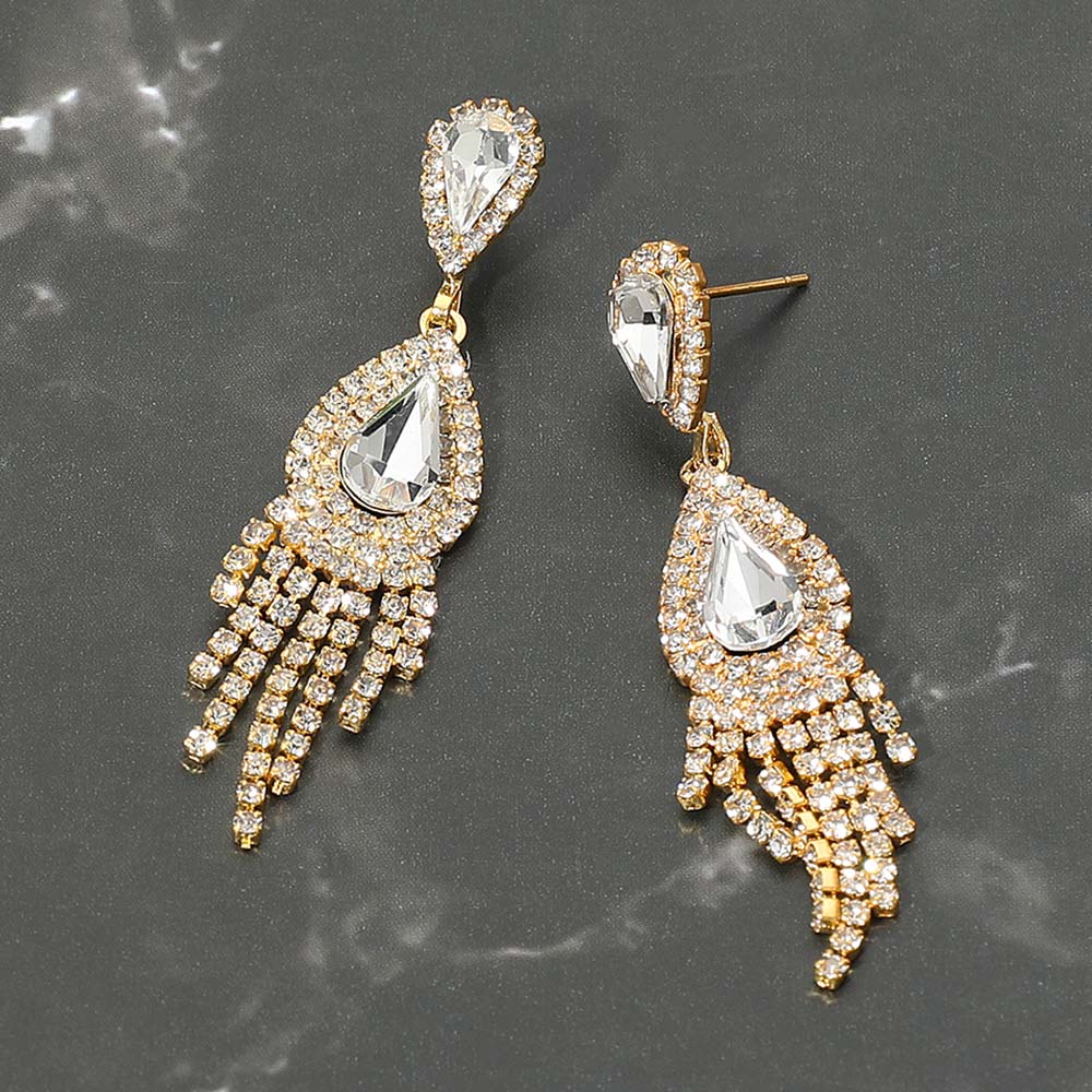 Madeline Love Clear, Gold Teardrop Fringe Drop Evening Earrings