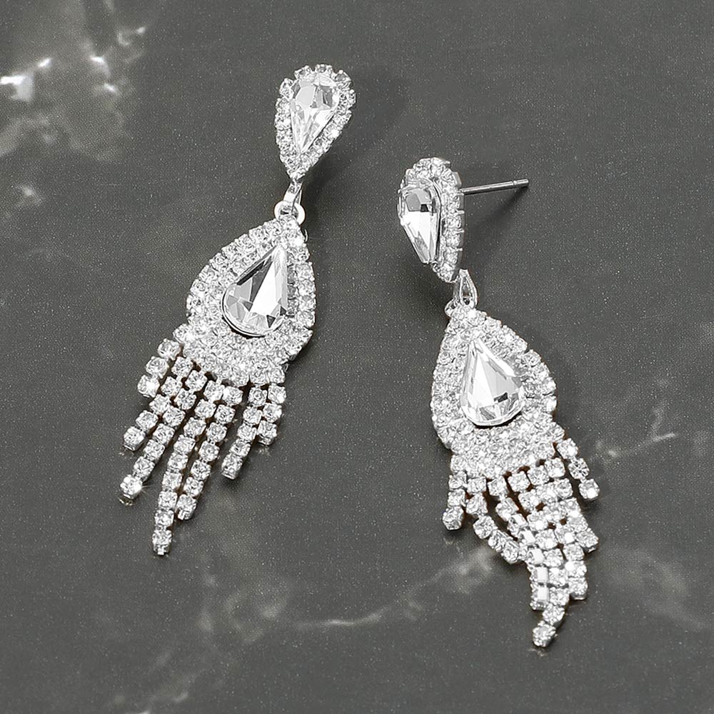 Madeline Love Clear, Silver Teardrop Fringe Drop Evening Earrings