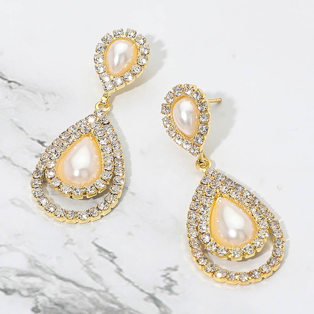 Madeline Love Cream, Gold Teardrop Pearl Accent Rhinestone Pave Trim Drop Evening Earrings