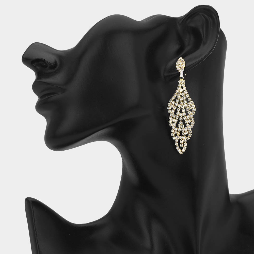 Madeline Love Clear, Gold Rhinestone Pave Leaf Drop Evening Earrings