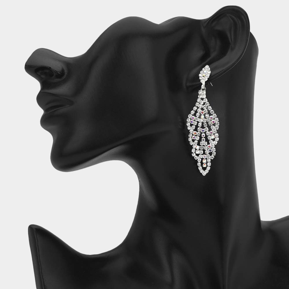 Madeline Love AB, Silver Rhinestone Pave Leaf Drop Evening Earrings
