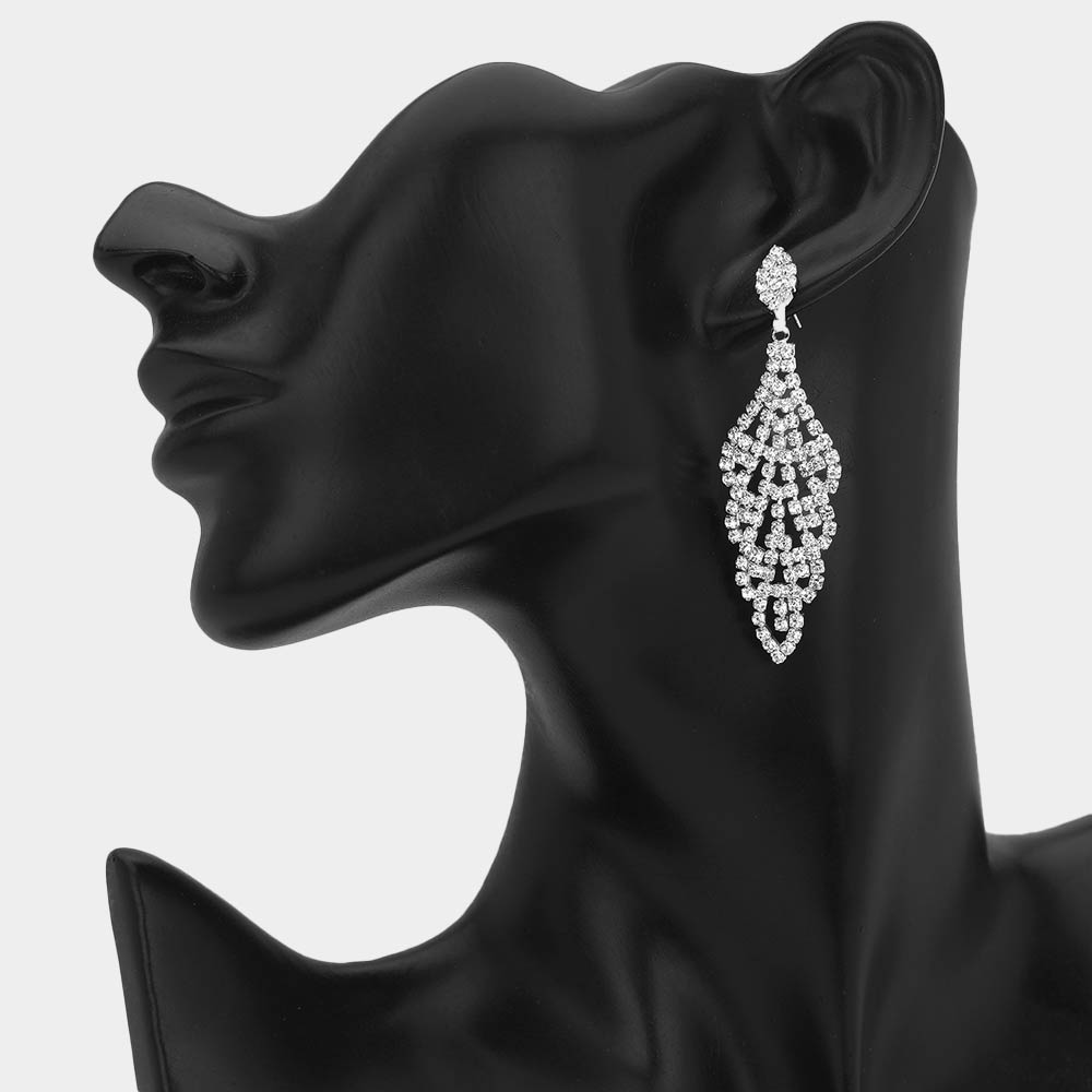 Madeline Love Clear, Silver Rhinestone Pave Leaf Drop Evening Earrings