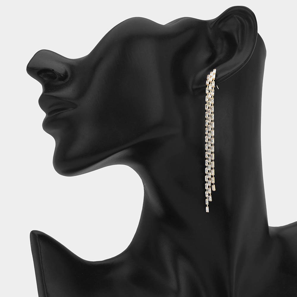 Madeline Love Clear, Gold Rhinestone Pave Linear Drop Fringe Evening Earrings