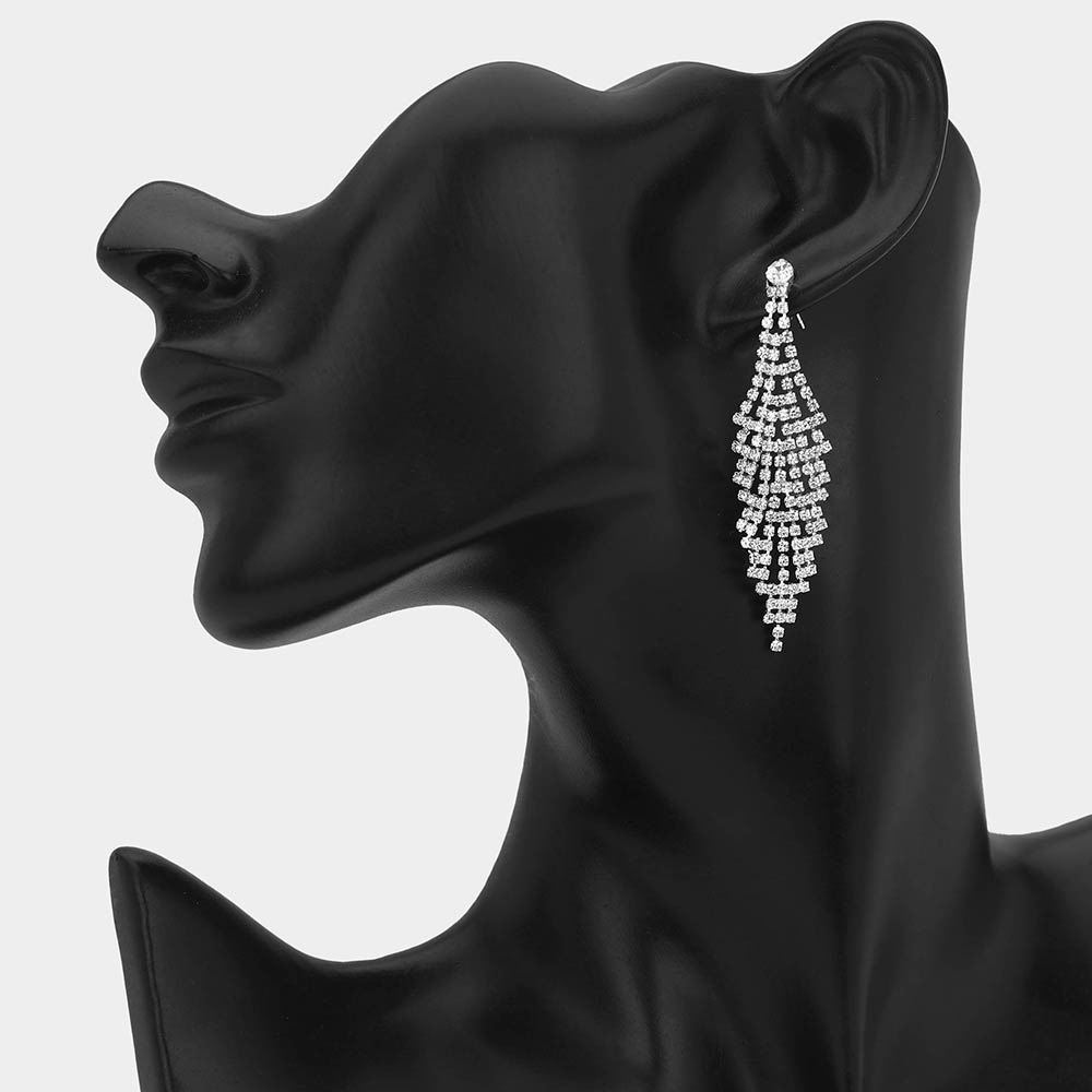 Madeline Love Clear, Silver Rhinestone Pave Tiered Drop Evening Earrings