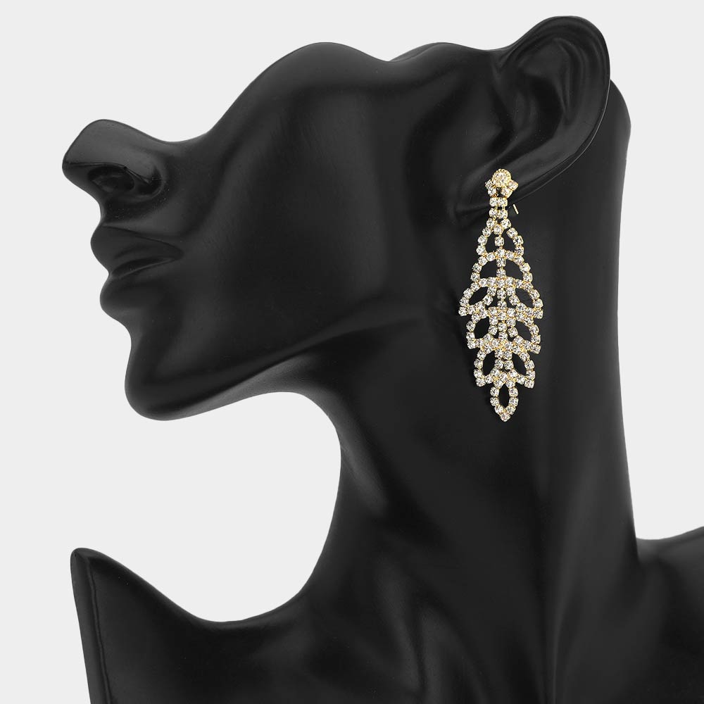 Madeline Love Clear, Gold Rhinestone Pave Leaf Pattern Drop Evening Earrings