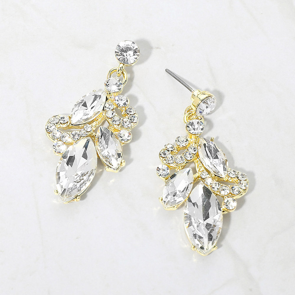 Madeline Love Clear, Gold Marquise Stone Cluster Drop Evening Earrings