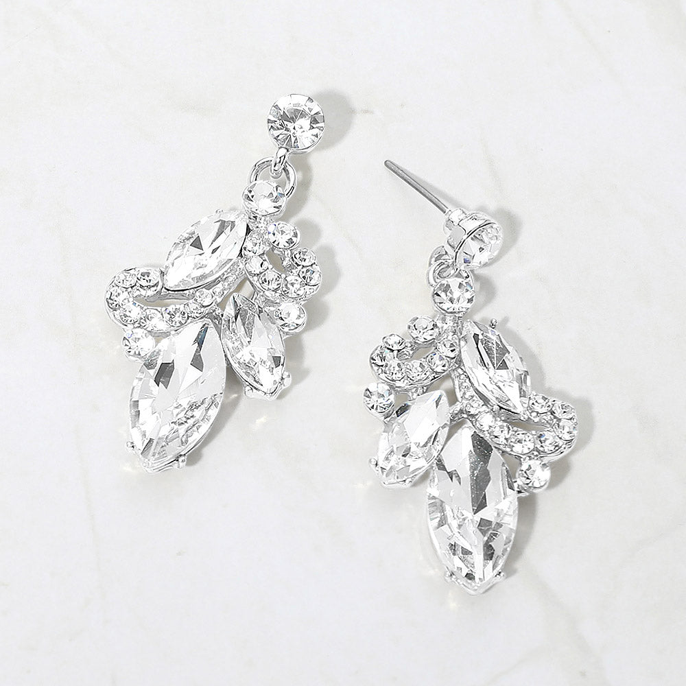 Madeline Love Clear, Silver Marquise Stone Cluster Drop Evening Earrings