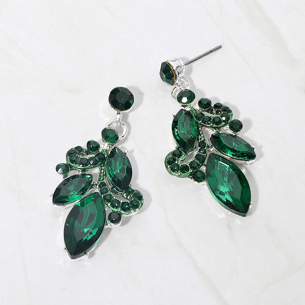 Madeline Love Emerald, Silver Marquise Stone Cluster Drop Evening Earrings