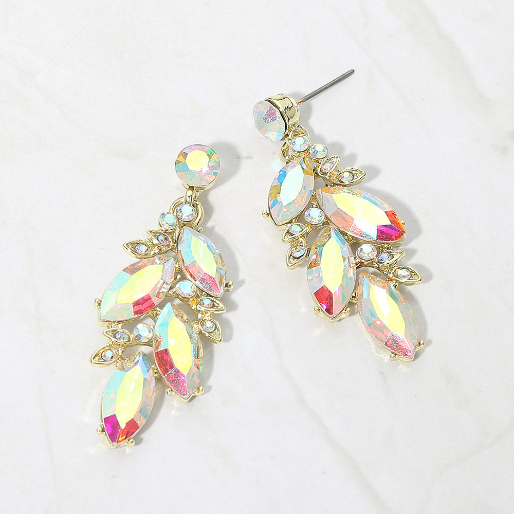 Madeline Love AB, Gold Marquise Stone Cluster Leaf Drop Evening Earrings