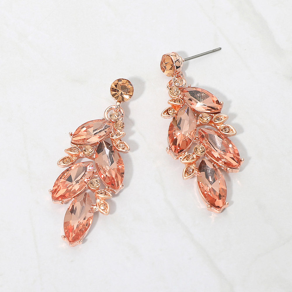 Madeline Love Peach, Rose Gold Marquise Stone Cluster Leaf Drop Evening Earrings