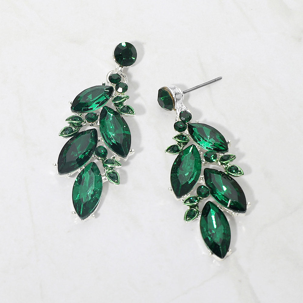 Madeline Love Emerald, Silver Marquise Stone Cluster Leaf Drop Evening Earrings