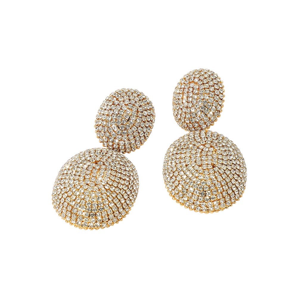 Madeline Love Clear, Gold Bold Rhinestone Pave Oval Dome Drop Statement Earrings - desc