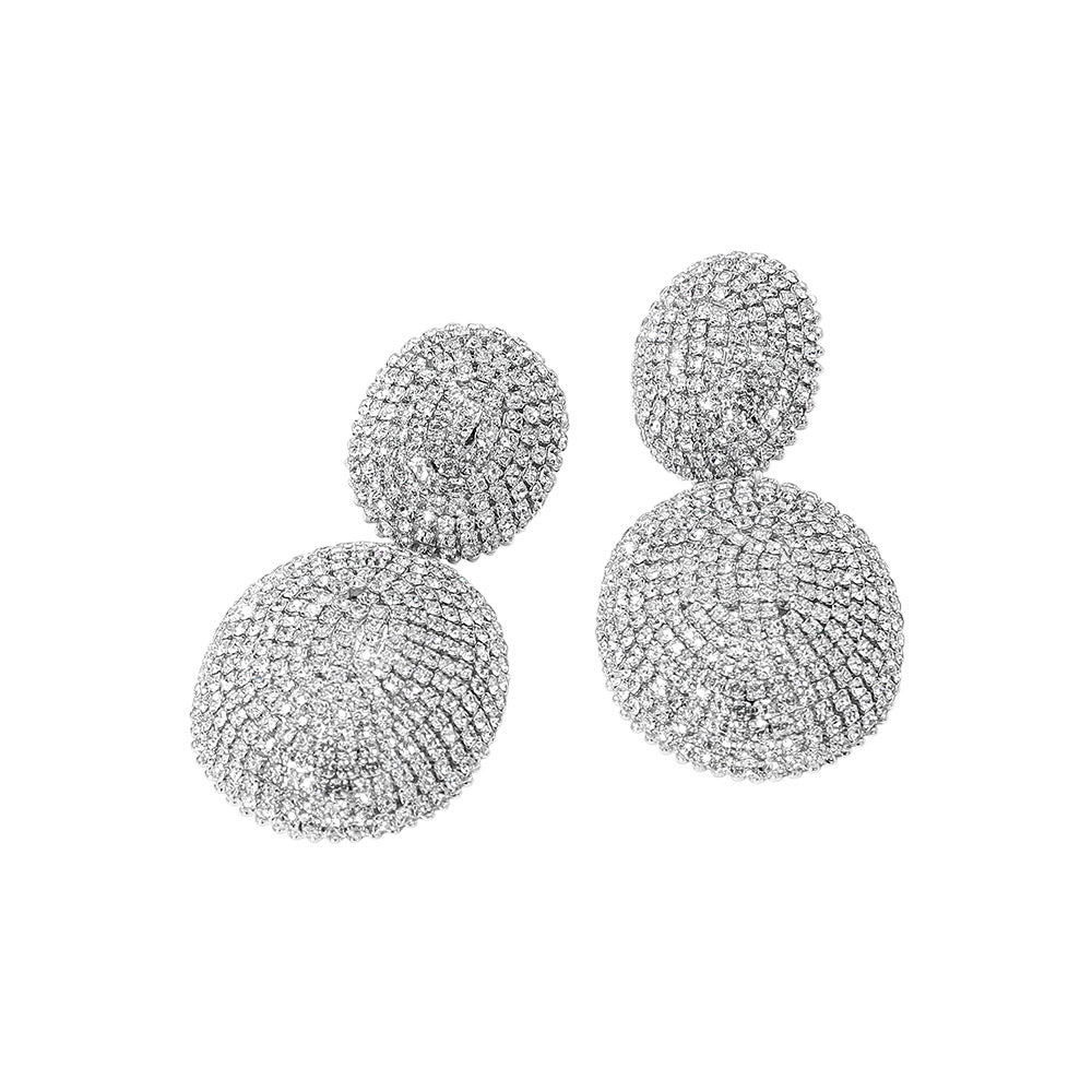 Madeline Love Clear, Rhodium Bold Rhinestone Pave Oval Dome Drop Statement Earrings - desc