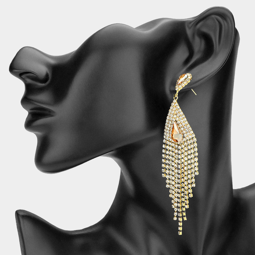 Madeline Love Gold, Lt Col Topaz Teardrop Stone Accent Rhinestone Tassel Drop Statement Evening Earrings