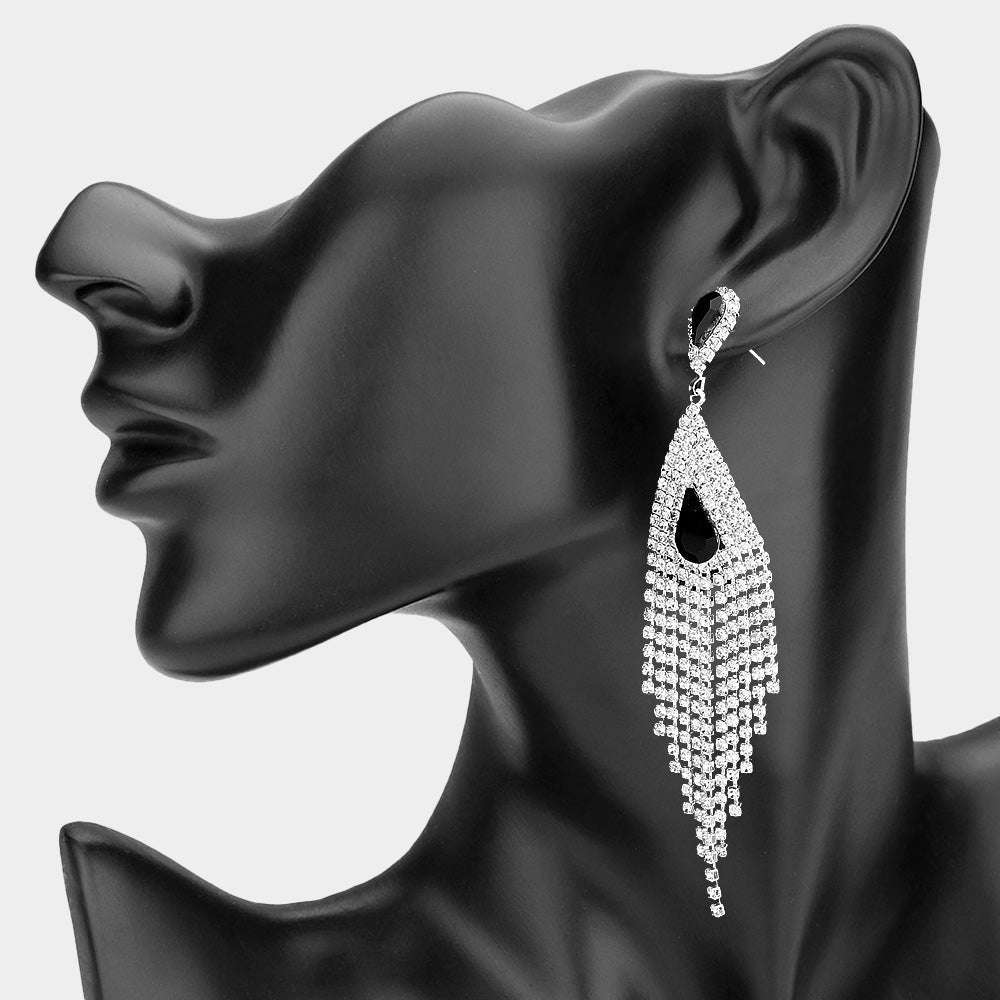 Madeline Love Black, Silver Teardrop Stone Accent Rhinestone Tassel Drop Statement Evening Earrings