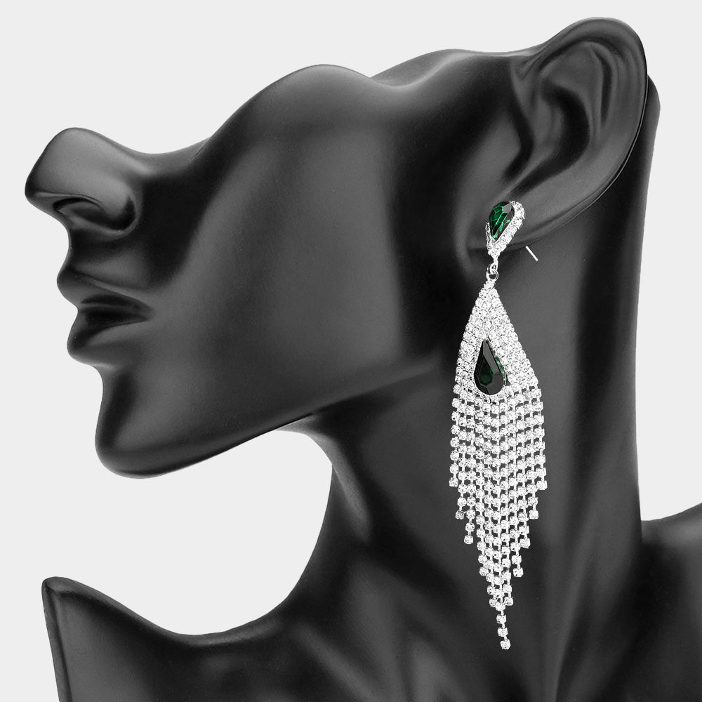 Madeline Love Emerald, Silver Teardrop Stone Accent Rhinestone Tassel Drop Statement Evening Earrings