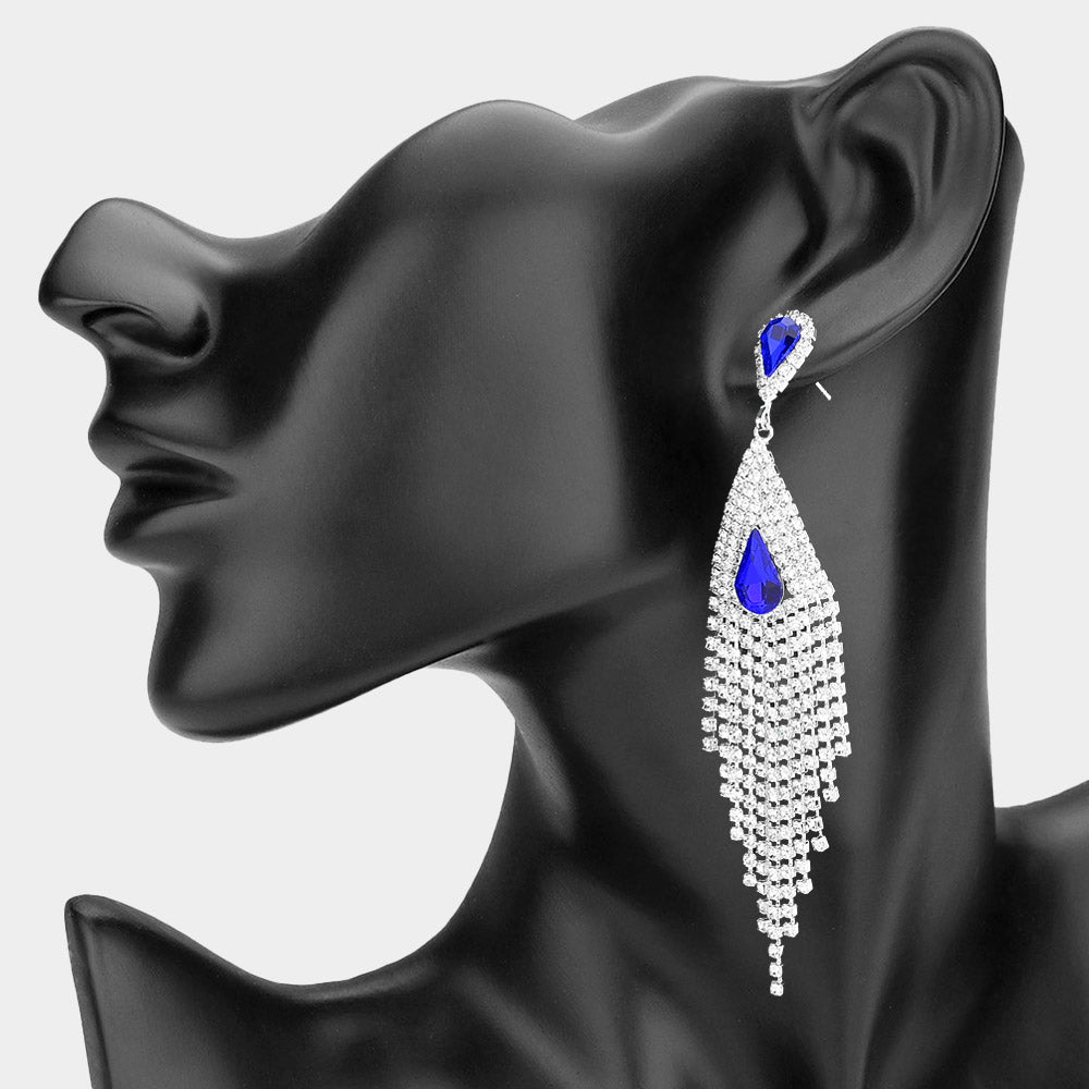 Madeline Love Sapphire, Silver Teardrop Stone Accent Rhinestone Tassel Drop Statement Evening Earrings