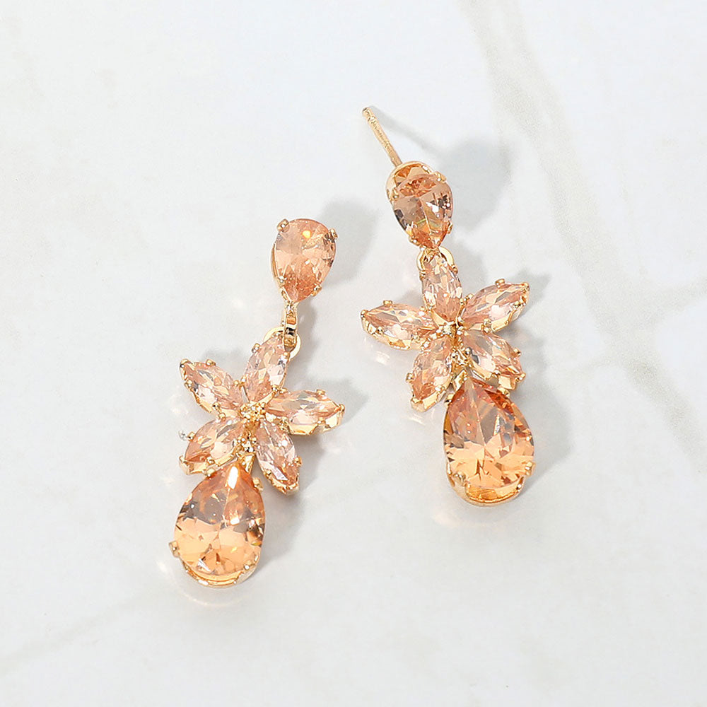 Madeline Love Gold, Lt Col Topaz CZ Floral Teardrop Link Drop Evening Earrings