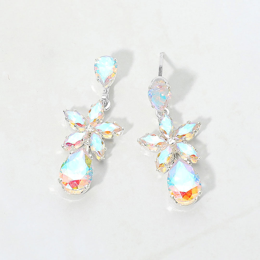 Madeline Love AB, Silver CZ Floral Teardrop Link Drop Evening Earrings