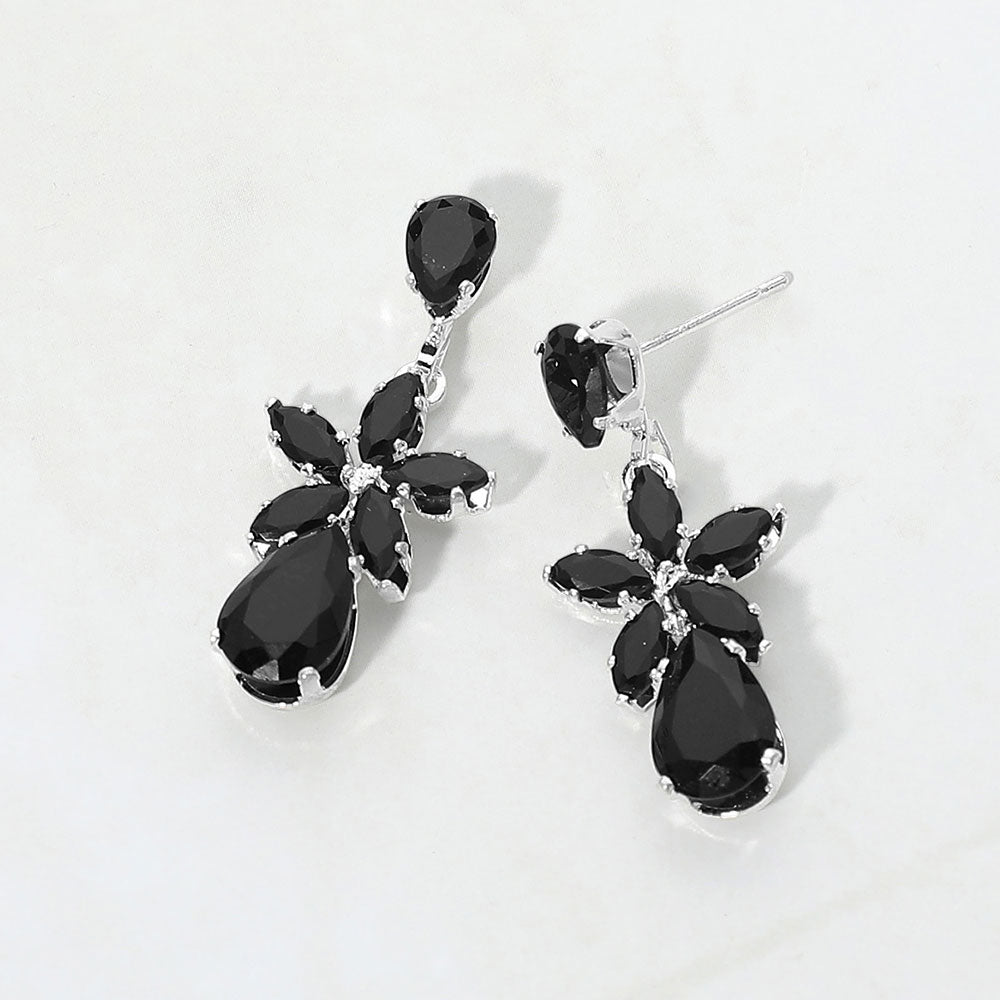 Madeline Love Black, Silver CZ Floral Teardrop Link Drop Evening Earrings