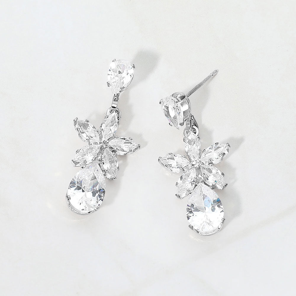 Madeline Love Clear, Silver CZ Floral Teardrop Link Drop Evening Earrings