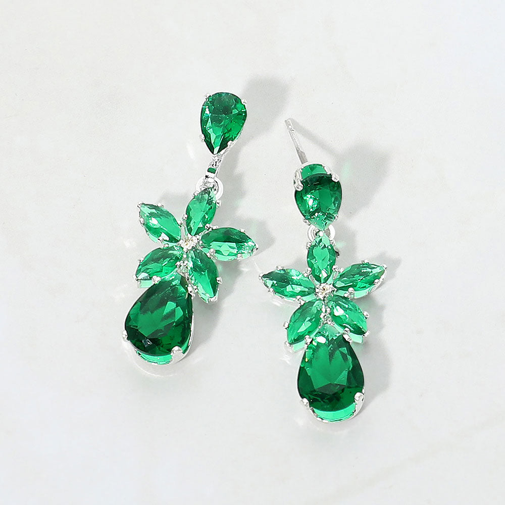 Madeline Love Emerald, Silver CZ Floral Teardrop Link Drop Evening Earrings