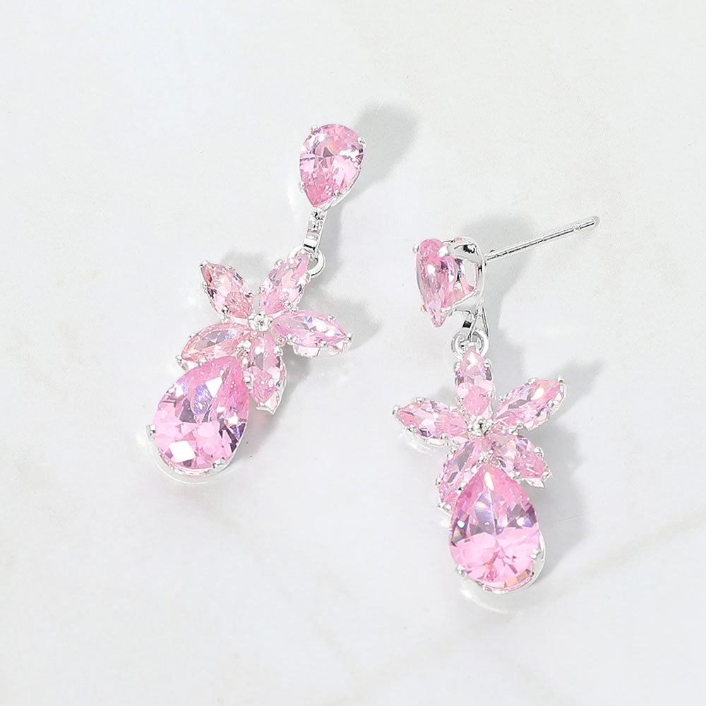 Madeline Love Lt Rose, Silver CZ Floral Teardrop Link Drop Evening Earrings