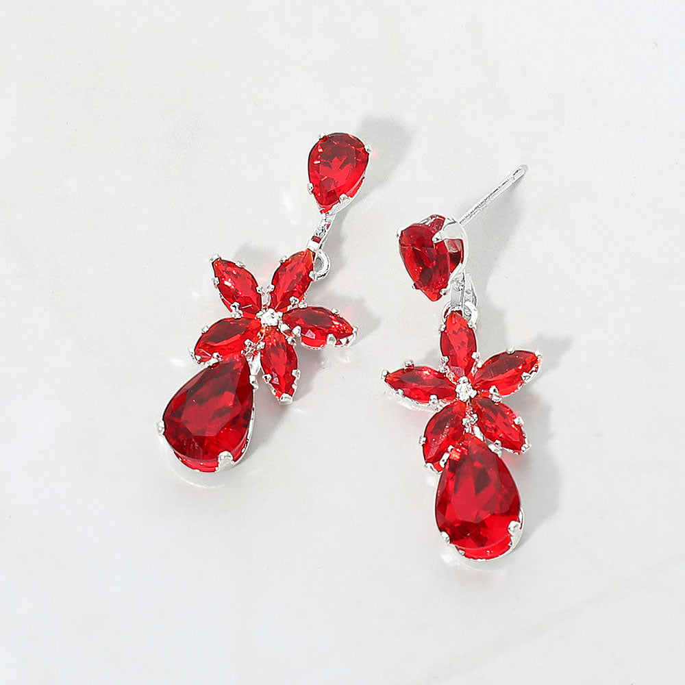 Madeline Love Red, Silver CZ Floral Teardrop Link Drop Evening Earrings
