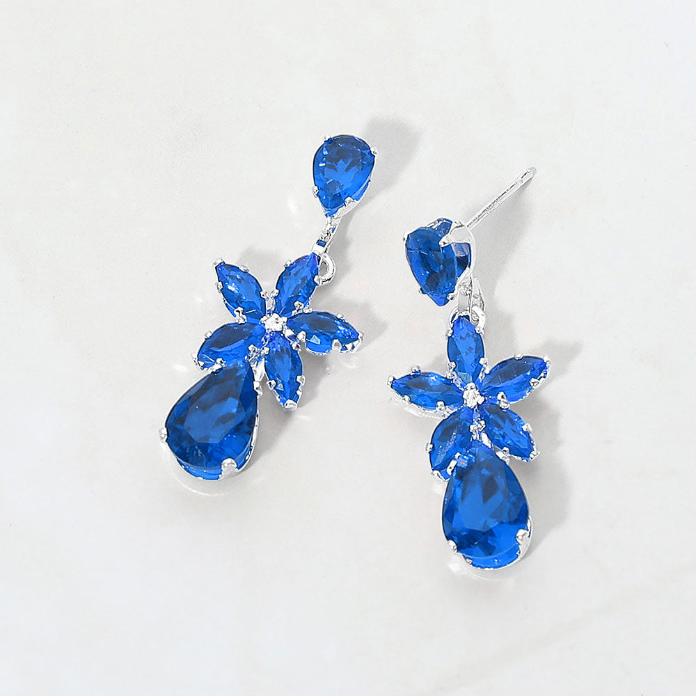 Madeline Love Sapphire, Silver CZ Floral Teardrop Link Drop Evening Earrings