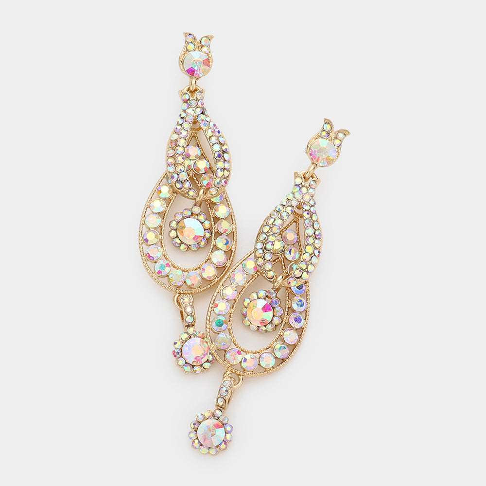 Madeline Love AB, Gold Crystal Rhinestone Rosette Dangle Evening Earrings
