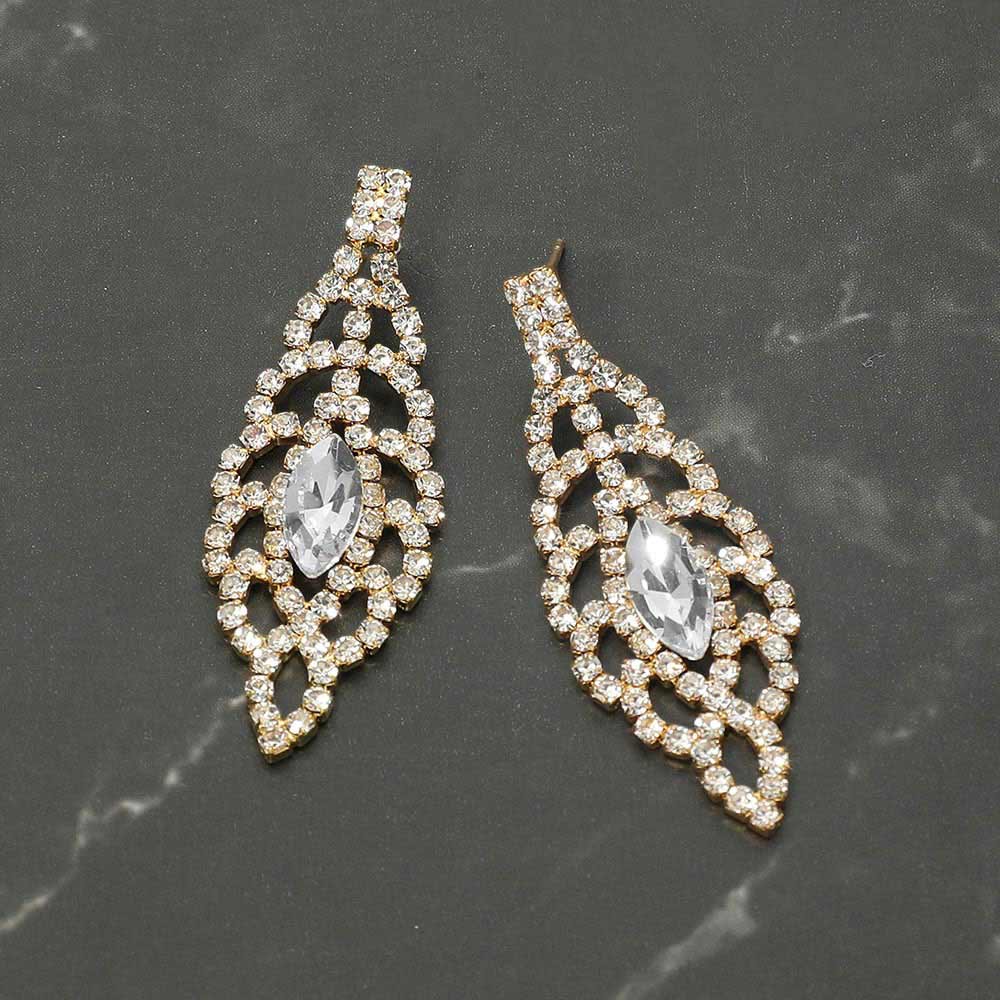 Madeline Love Clear, Gold Marquise Stone Center Rhinestone Studded Leaf Drop Evening Earrings