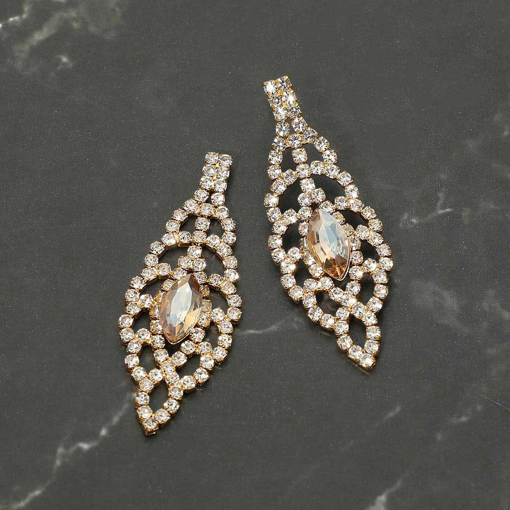 Madeline Love Gold, Lt Col Topaz Marquise Stone Center Rhinestone Studded Leaf Drop Evening Earrings