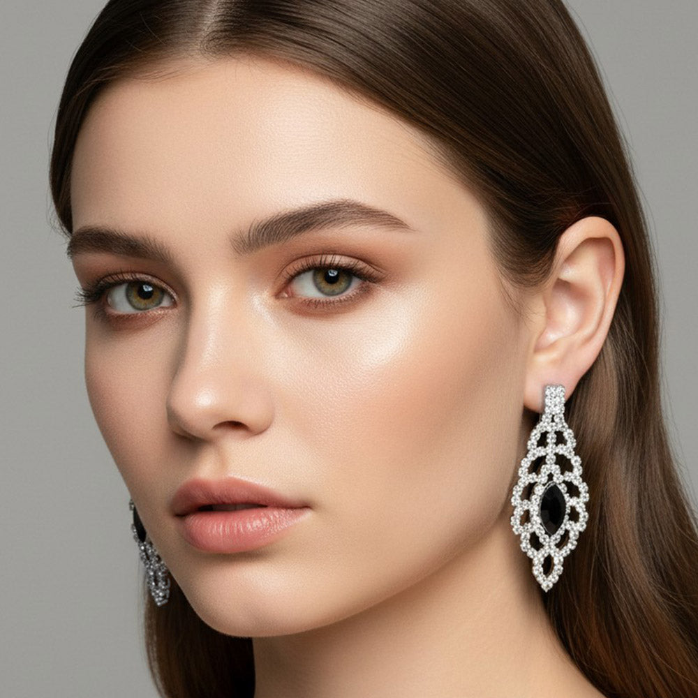 Madeline Love Black, Silver Marquise Stone Center Rhinestone Studded Leaf Drop Evening Earrings