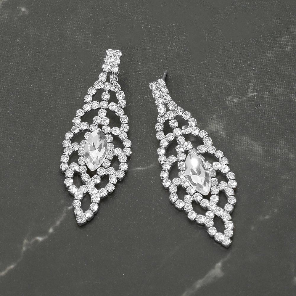 Madeline Love Clear, Silver Marquise Stone Center Rhinestone Studded Leaf Drop Evening Earrings