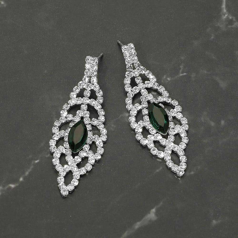 Madeline Love Emerald, Silver Marquise Stone Center Rhinestone Studded Leaf Drop Evening Earrings