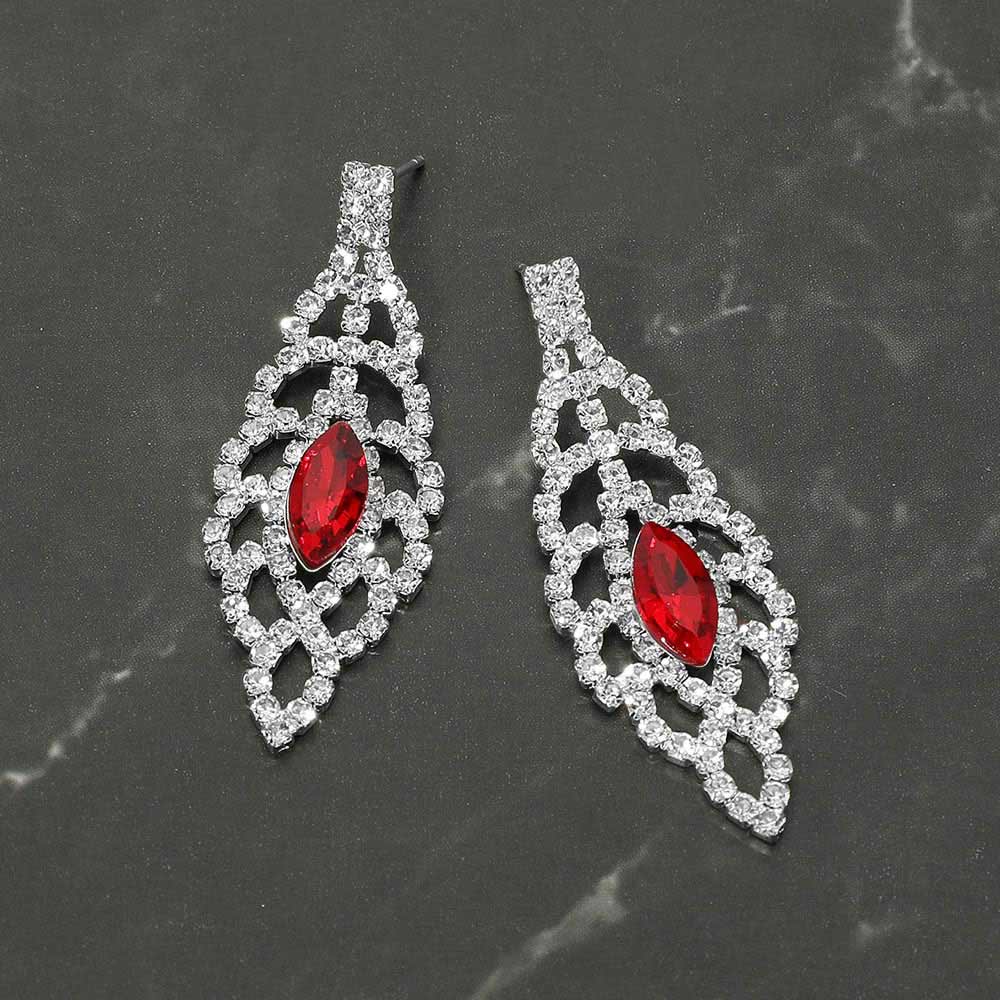 Madeline Love Red, Silver Marquise Stone Center Rhinestone Studded Leaf Drop Evening Earrings