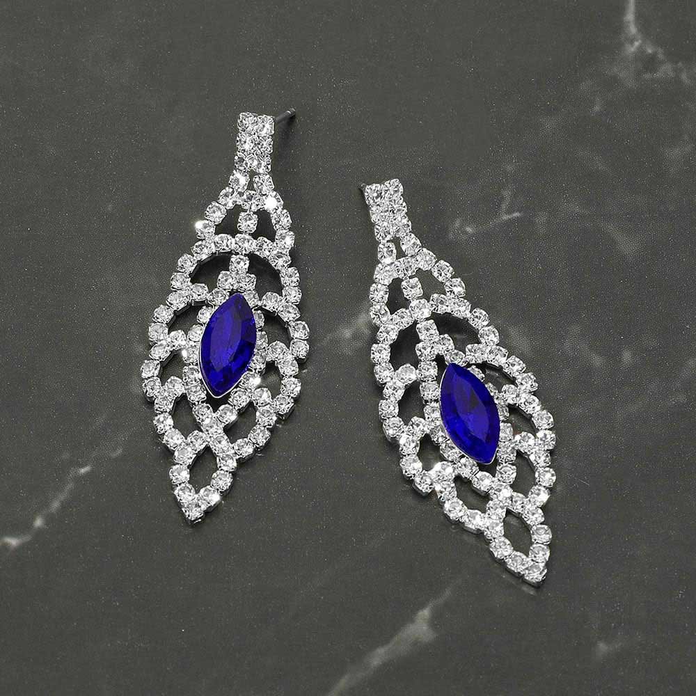 Madeline Love Sapphire, Silver Marquise Stone Center Rhinestone Studded Leaf Drop Evening Earrings