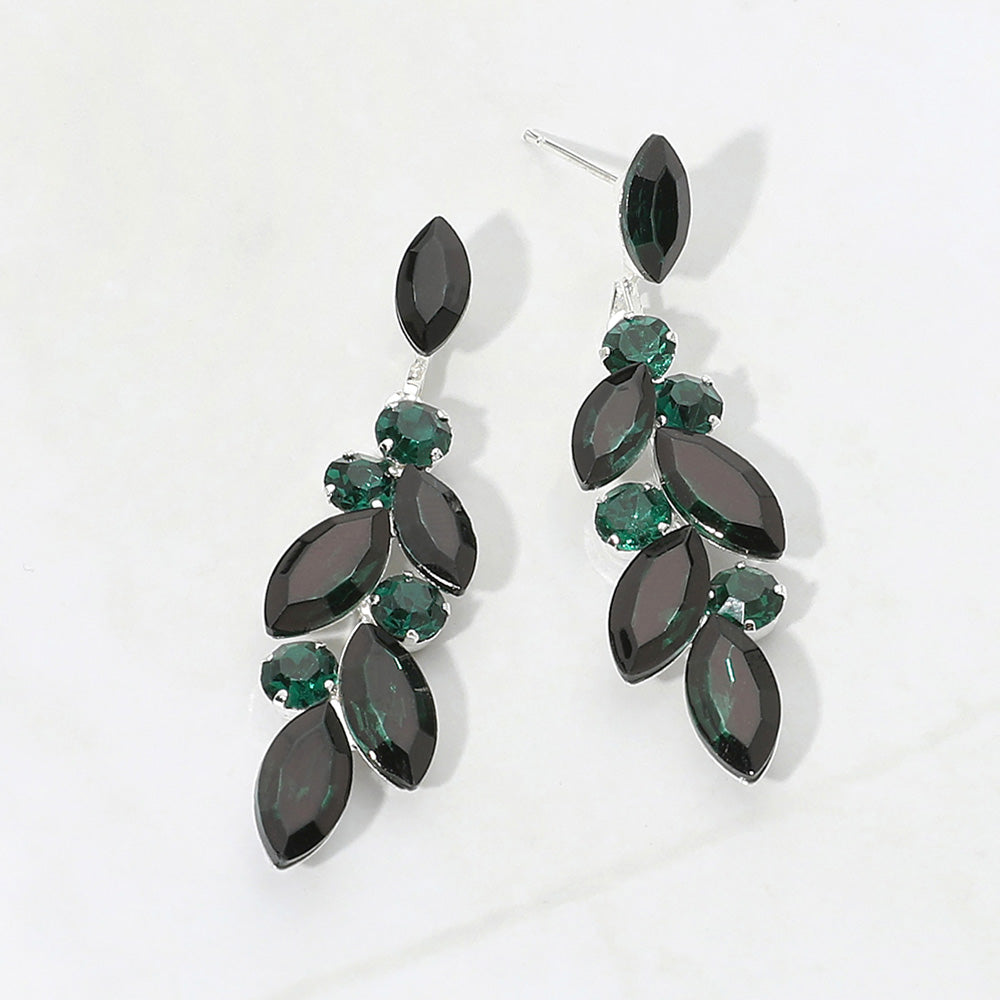 Madeline Love Emerald, Silver Marquise Stone Cluster Drop Evening Earrings