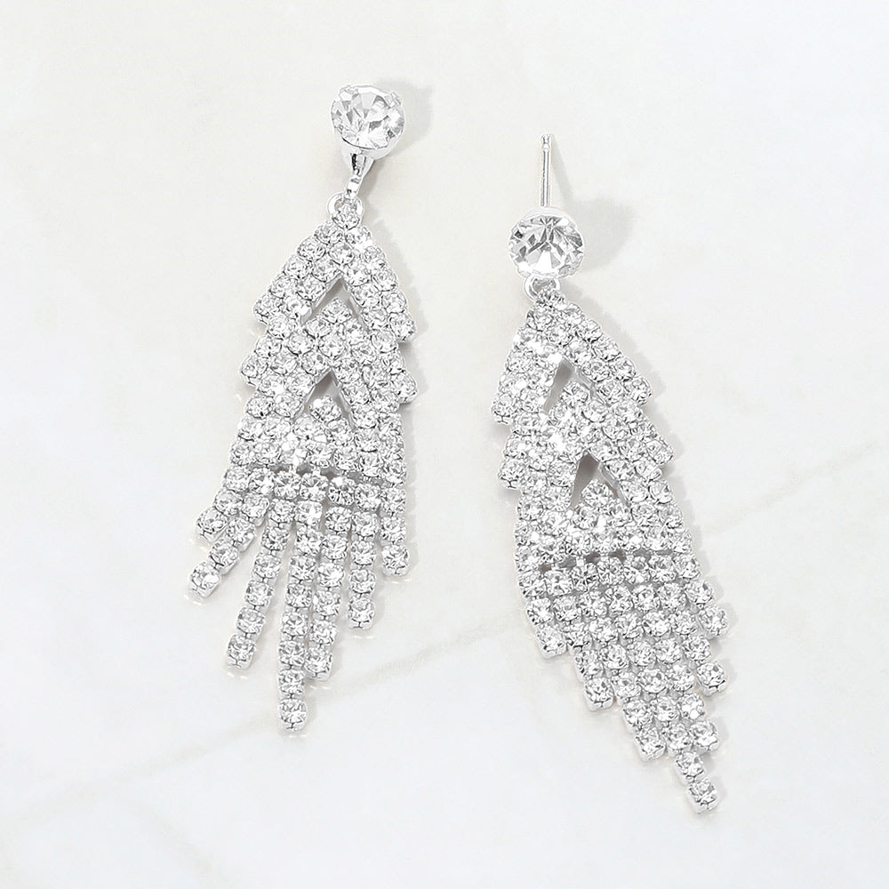 Madeline Love Clear, Silver Layered Rhinestone Fringe Chandelier Drop Evening Earrings