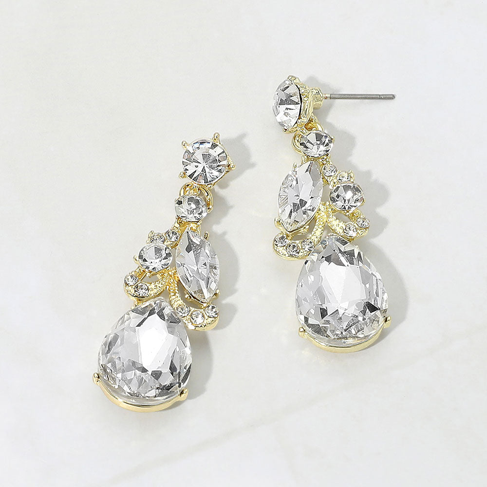 Madeline Love Clear, Gold Teardrop Marquise Cluster Drop Evening Earrings