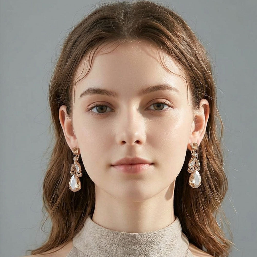 Madeline Love Gold, Lt Col Topaz Teardrop Marquise Cluster Drop Evening Earrings
